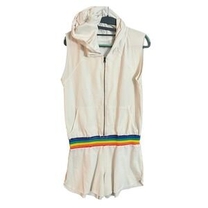 Sundays One Womens White Sleeveless Zip Up Hoodie Rainbow Waist Romper Jumpsuit